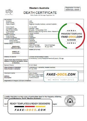 Australia Western Australia death certificate template in Word format