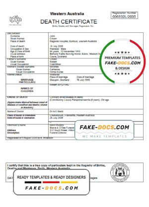 Australia Western Australia death certificate template in Word format