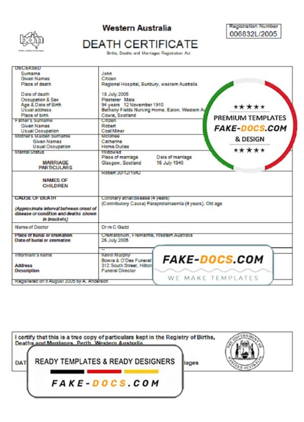 Australia Western Australia death certificate template in Word format