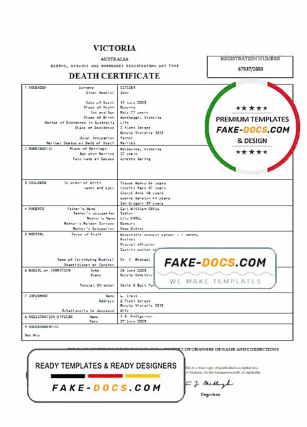 Australia Victoria death certificate template in Word format