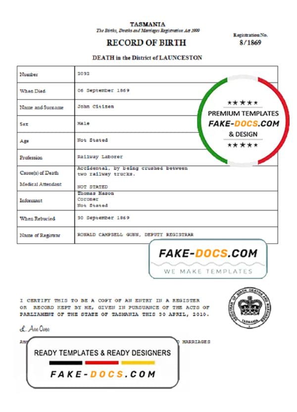 Australia Tasmania death certificate template in Word format