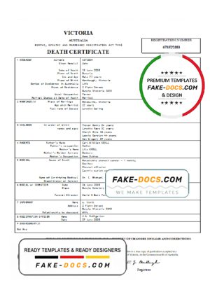 Australia Victoria Death Certificate template in Word and PDF format