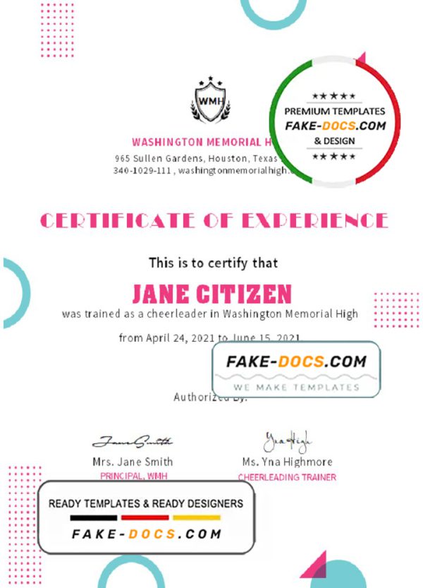 USA Cheerleader Certificate template in Word and PDF format
