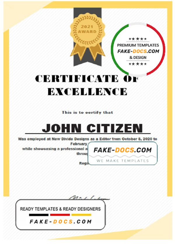 USA Excellence Certificate template in Word and PDF format