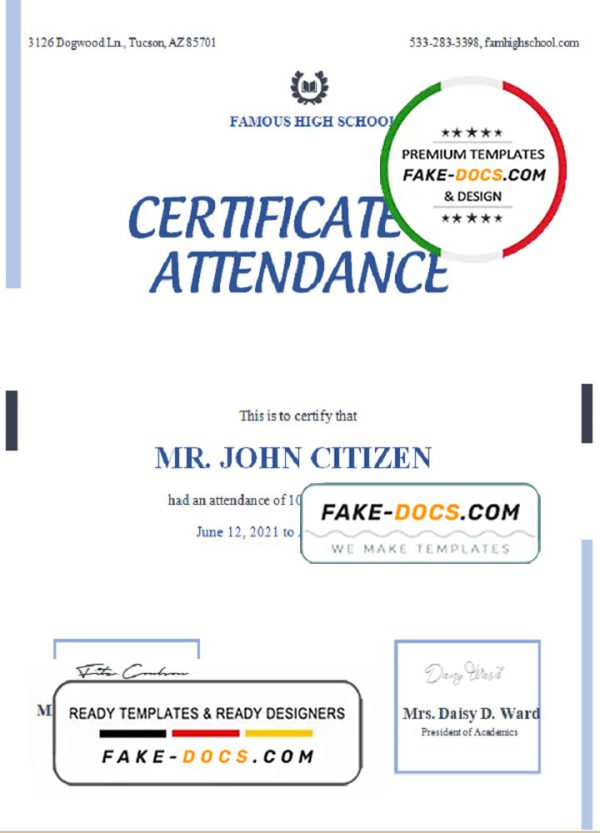 USA Attendance Certificate template in Word and PDF format