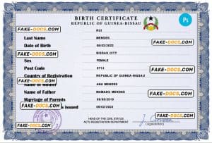 Guinea-Bissau birth certificate PSD template, completely editable