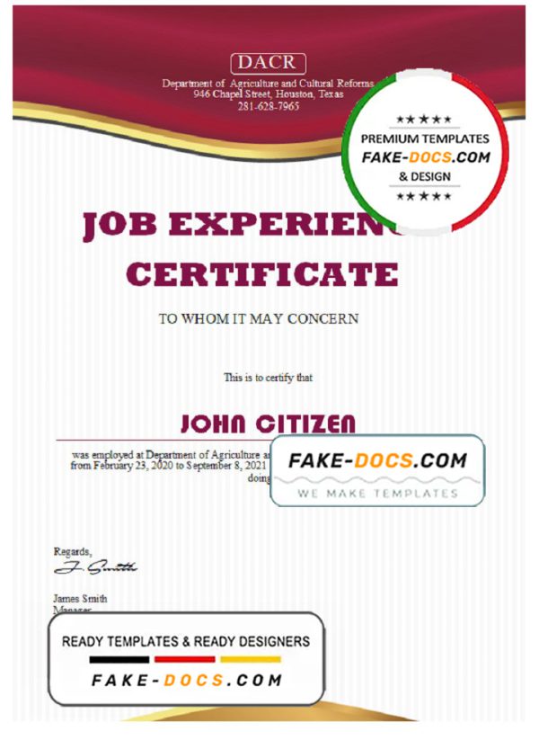 USA Job experience certificate template in Word and PDF format