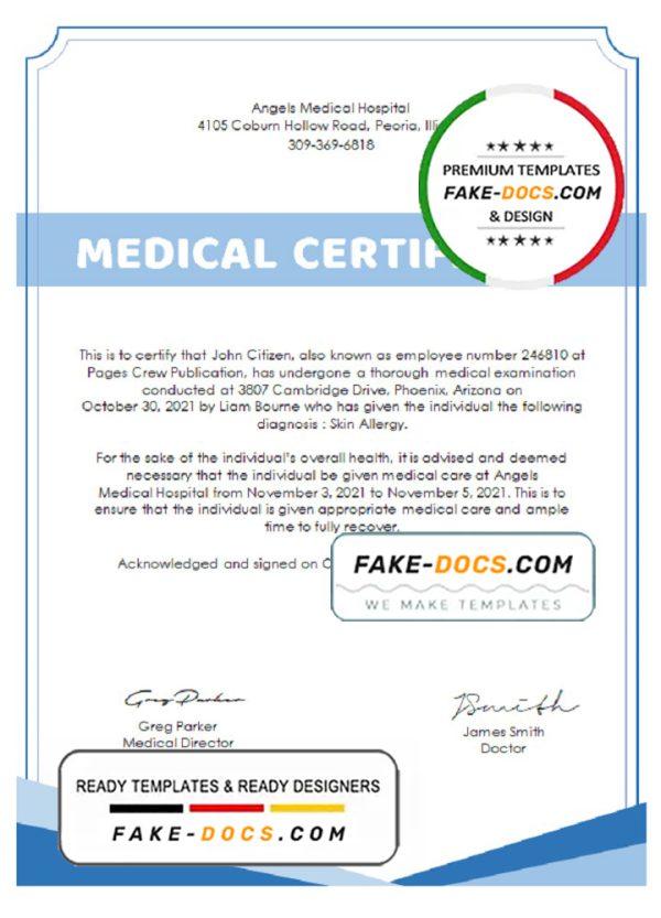 USA Hospital Medical certificate template in Word and PDF format