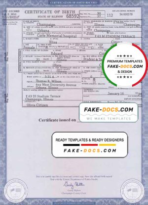 USA Illinois state birth certificate template in PSD format, fully editable
