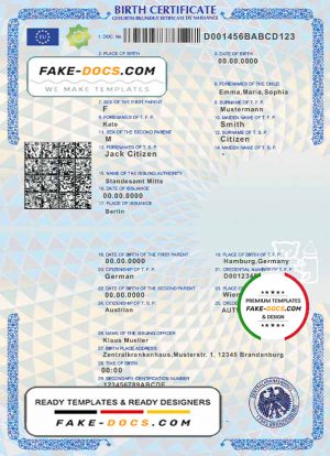 Germany birth certificate template in PSD format, fully editable