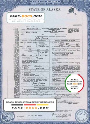 USA Alaska state death certificate template in PSD format, fully editable