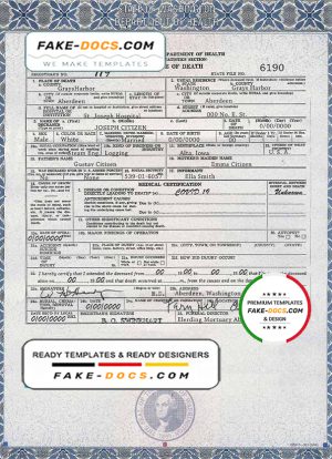USA Washington state death certificate template in PSD format, fully editable