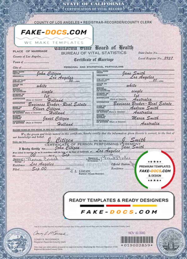 USA California Marriage Certificate template in PSD format
