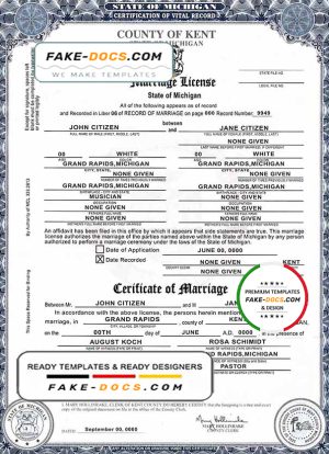 USA state Michigan Kent County marriage certificate template in PSD format, fully editable, version 2