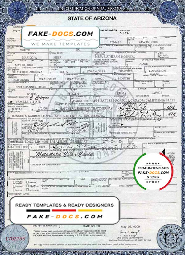USA Arizona state death certificate template in PSD format