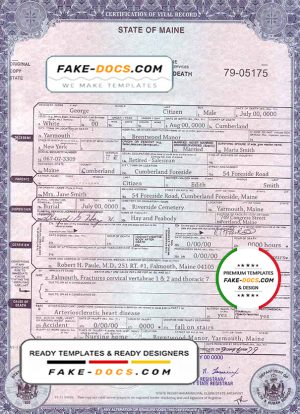 USA Maine state death certificate template in PSD format, fully editable