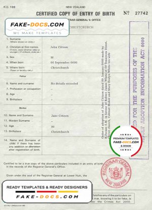 New Zealand birth certificate template in PSD format, fully editable