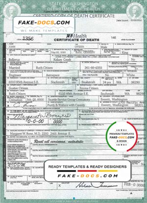 USA Washington state death certificate template in PSD format, fully editable, version 2