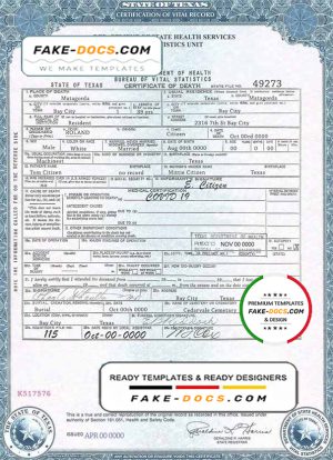 USA Texas state death certificate template in PSD format, fully editable, version 2