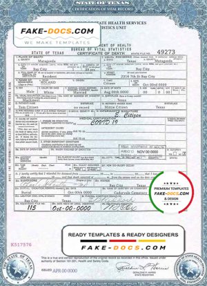 USA Texas state death certificate template in PSD format, fully editable, version 2