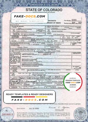 USA Colorado state death certificate template in PSD format, fully editable