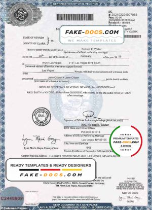 USA Nevada state marriage certificate template in PSD format, fully editable
