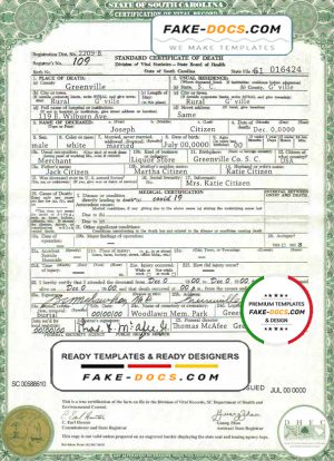 USA South Carolina state death certificate template in PSD format, fully editable