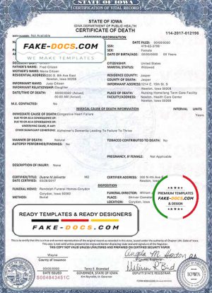 USA Iowa state death certificate template in PSD format, fully editable