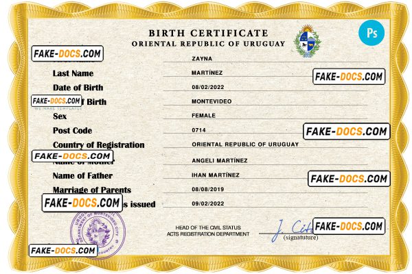 Uruguay vital record birth certificate PSD template