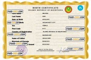 Mauritania birth certificate PSD template, completely editable