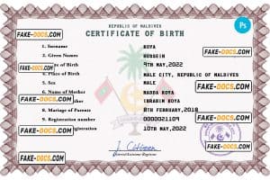 Maldives vital record birth certificate PSD template, fully editable