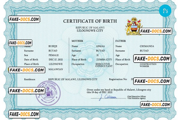 Malawi vital record birth certificate PSD template