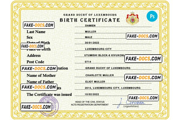 Luxembourg vital record birth certificate PSD template