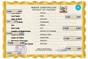 Suriname birth certificate PSD template, completely editable