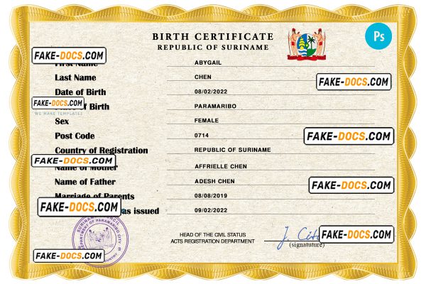 Suriname birth certificate PSD template, completely editable