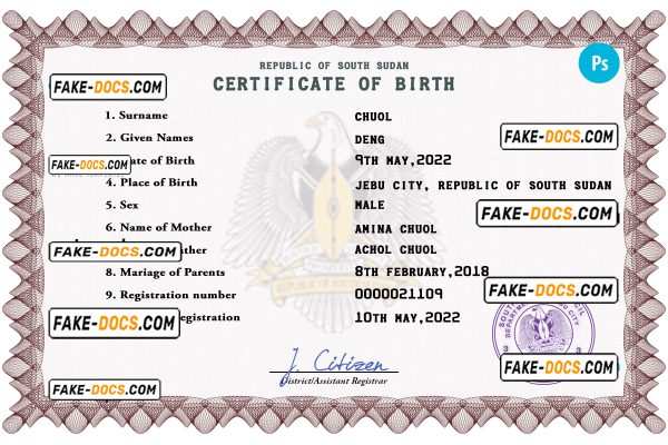 South Sudan birth certificate PSD template, completely editable