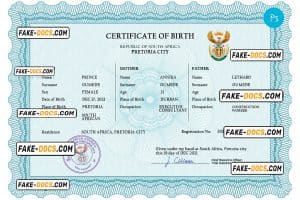 South Africa birth certificate PSD template, completely editable