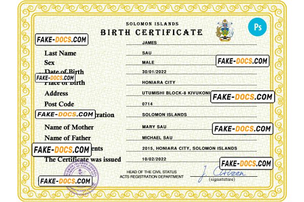 Solomon vital record birth certificate PSD template, fully editable