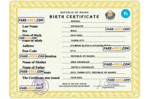 Nauru birth certificate PSD template, completely editable
