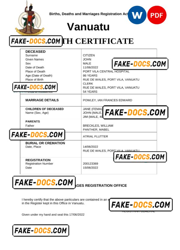 Vanuatu death certificate Word and PDF template, completely editable