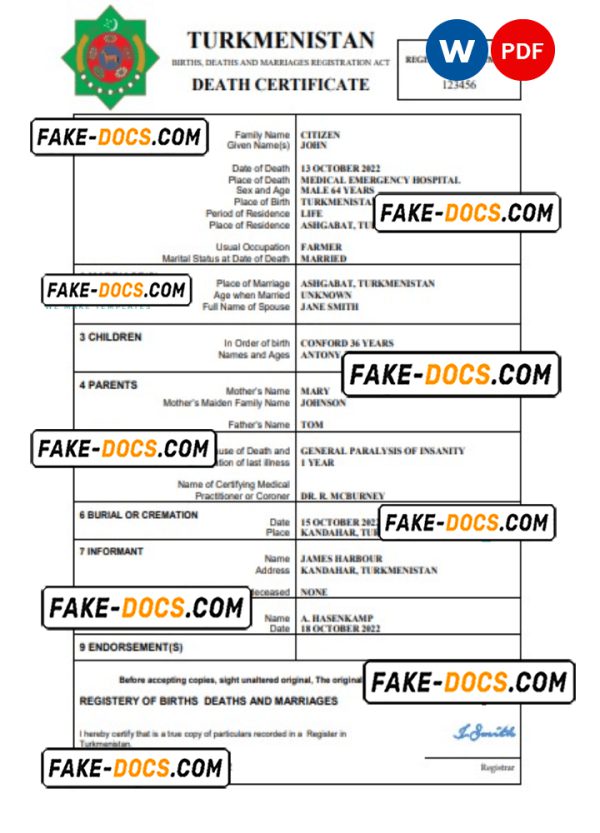 Turkmenistan death certificate Word and PDF template, completely editable