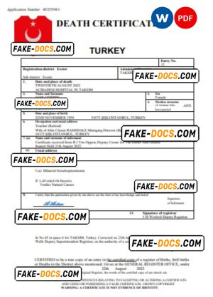 Turkey vital record death certificate Word and PDF template Turkey vital record death certificate Word and PDF template