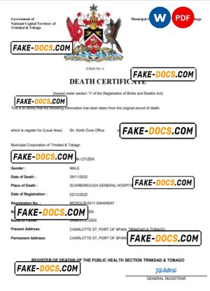 Trinidad and Tobago death certificate Word and PDF template, completely editable Trinidad and Tobago death certificate Word and PDF template, completely editable
