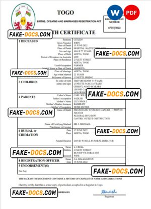Togo vital record death certificate Word and PDF template Togo vital record death certificate Word and PDF template