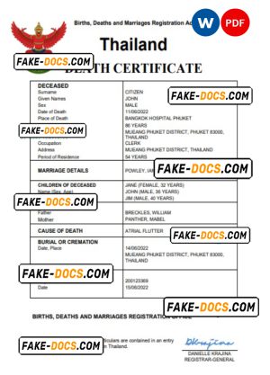 Thailand death certificate Word and PDF template, completely editable Thailand death certificate Word and PDF template, completely editable