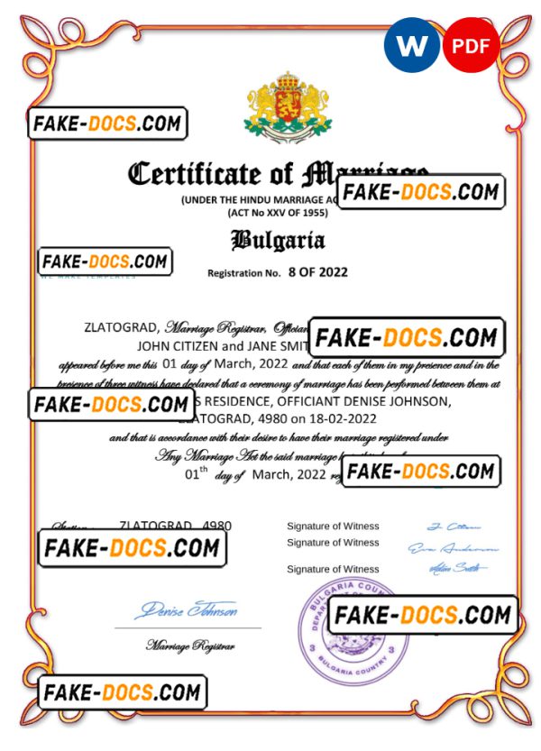 Bulgaria marriage certificate Word and PDF template, fully editable