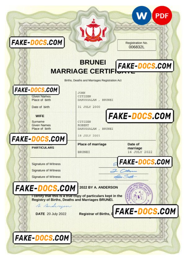 Brunei marriage certificate Word and PDF template, completely editable