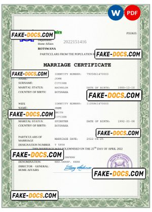Botswana marriage certificate Word and PDF template, completely editable