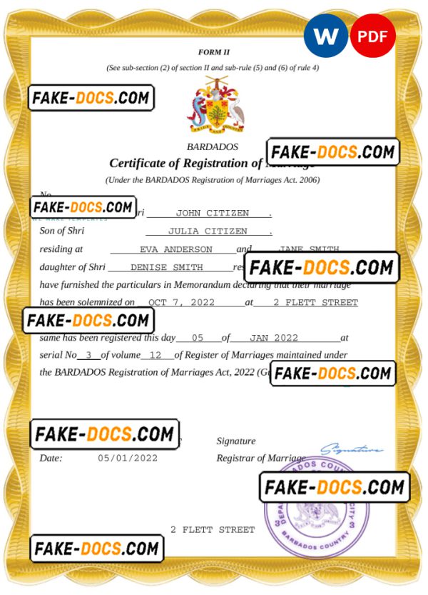 Barbados marriage certificate Word and PDF template, completely editable