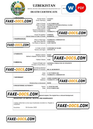 Uzbekistan vital record death certificate Word and PDF template Uzbekistan vital record death certificate Word and PDF template